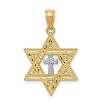 14k Yellow Gold Polished Flat back Textured back Diamond With Rhodium Religious Judaica Star of David With Religious Faith Cross Charm Pendant Necklace Jewelry Gifts for Women