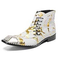 Men's Genuine Leather Metal-Square Toe Zip Graffiti Chelsea Boots Fashion Casual Beveled Laces Party Ballroom Cowboy Ankle Boot