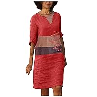 Women's Casual Dress Creative Printing V Neck Knee Length Midi T-Shirt Dress (5-Red,14) 2302