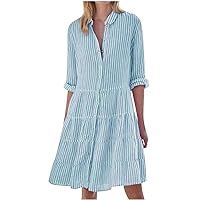 Long Sleeve Stripe Shirt Dress for Women V Neck Collared Blouse Dress Casual Loose Flowy Tiered Tshirts Shirts Dress