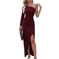 Sarin Mathews Womens One Shoulder Long Sleeve Cocktail Dresses Sexy Bodycon Ruched Wrap Split Party Formal Long Dress