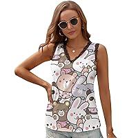 Cartoon Rabbit and Panda Bear Casual V Neck Tops for Women Slim Sleeveless Shirts Workoutl Tees Vests