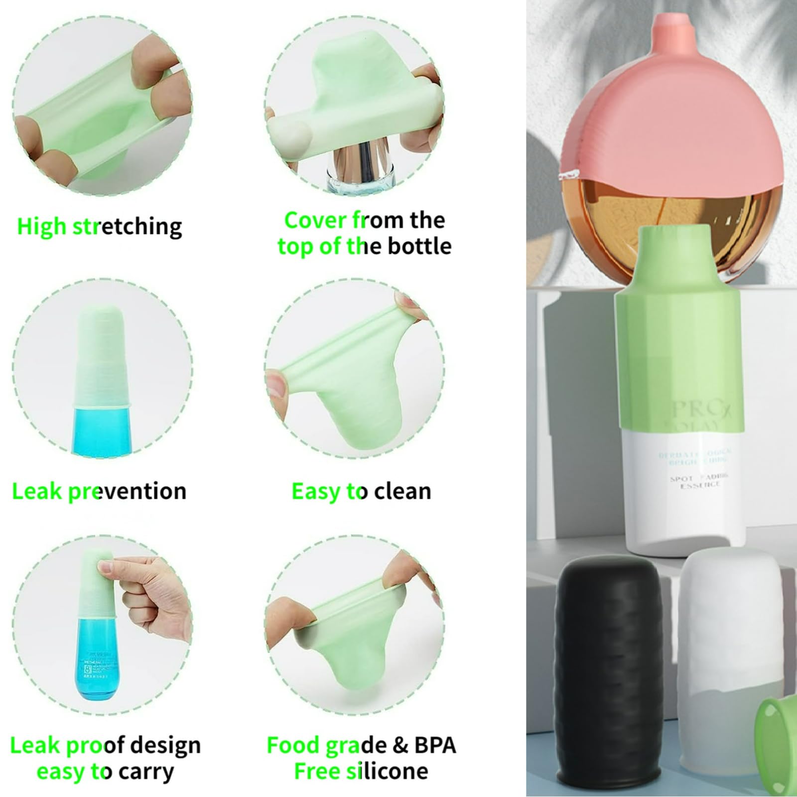 MYHJL 8 Pack Silicone Elastic Sleeves for Leak Proofing, Container Sleeves, Bottle Covers Leak Proof Locks for Most Travel Sized Toiletries (D-Set)