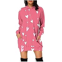 Hoodies Trendy Dress for Womens Valentine's Day Hooded Sweatshirt Long Sleeve Dress Crewneck Graphic Printed Dress