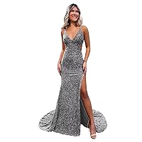 Dexinyuan Sexy Mermaid Sequin Prom Dresses 2024 Slit Spaghetti Straps Formal Party Evening Gown with Train