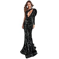 Women's Sequin Fishtai Dress One Shoulder Backless One-arm Sleeve for Cocktail Evening Party Evening Gown (Color : Green, Size : Large)
