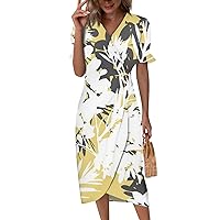Wedding Dresses V Neck Dress Mens Short Sleeve Dress Shirts Womens Plus Size Black Dress with Pockets Work Out Summer Dresses for Wedding Plus Size(4-Yellow,X-Large)