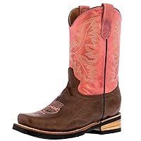 Kids Pink Western Cowboy Boots Stitched Leather Square Toe