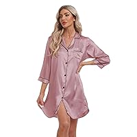 Women's Satin Nightgown Button Down Sleep Shirt 3/4 Sleeve Sleepwear V-Neck Pajama Dress Boyfriend Style Nightshirt