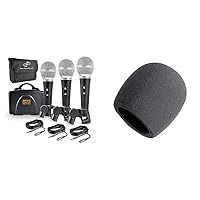 Pyle 3 Piece Professional Dynamic Microphone Kit Cardioid Unidirectional Vocal Handheld MIC with Hard Carry Case & Bag, Holder/Clip & 26ft XLR Audio Cable to 1/4'' Audio Connection (PDMICKT34),Black and OnStage Foam Ball-Type Microphone Windscreen, Black