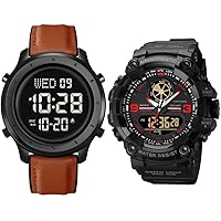 Mens Leather Watch + Men's Military Watch Analog Digital Watch