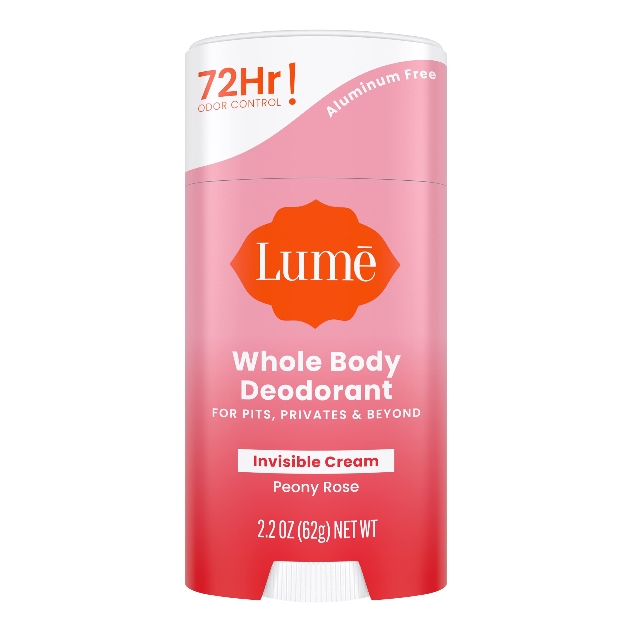 Lume Whole Body Deodorant - Invisible Cream Stick - 72 Hour Odor Control - Aluminum Free, Baking Soda Free, Skin Safe - 2.2 ounce (Peony Rose)