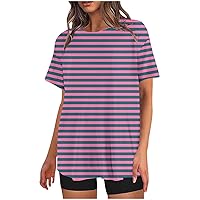 Womens Striped Color Block Print T-Shirts Short Sleeve Crew Neck Casual Loose Tops Summer Oversized Tees Streetwear