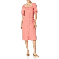 BCBGMAXAZRIA Women's Fit and Flare Puff Elbow Sleeves Pockets Front Button Down Midi Dress