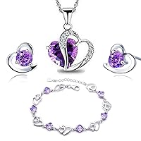 Findout Jewelry Set for Women, Sterling Silver Amethyst Red Pink Blue Clear Green Crystal Heart Pendant Necklace and Earrings with Bracelets Jewelry Sets for Women and Girls