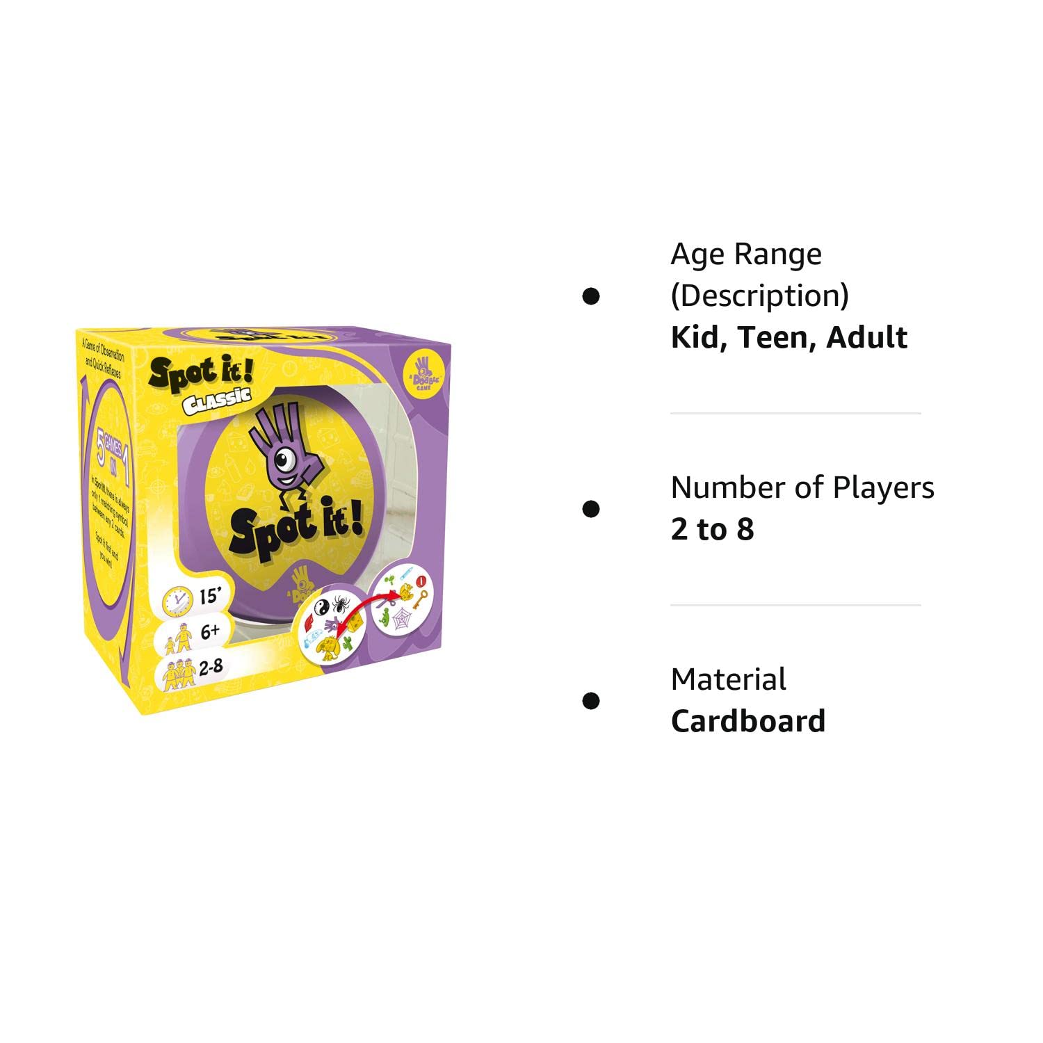 Spot It! Classic Card Game | Game for Kids | Age 6+ | 2 to 8 Players | Average Playtime 15 Minutes | Purple and Yellow Packaging | Made by Zygomatic