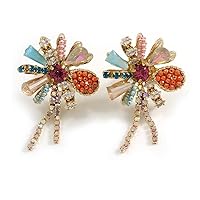 Assymetric Multicoloured Crystal and Acrylic Bead Flower Stud Earrings in Gold Tone - 40mm Tall