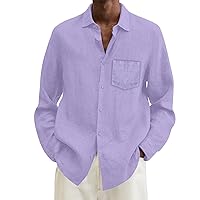 Men's Button Up Linen Casual Shirts Oversized Wrinkle-Free Long Sleeve Cotton Solid T-Shirts Fitted Basic Formal Dress Shirt