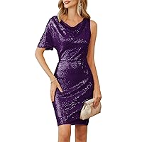 GRACE KARIN Women One Sleeve Cowl Neck Sequin Dress Formal Sparkly Glitter Evening Club Cocktail Party Dresses