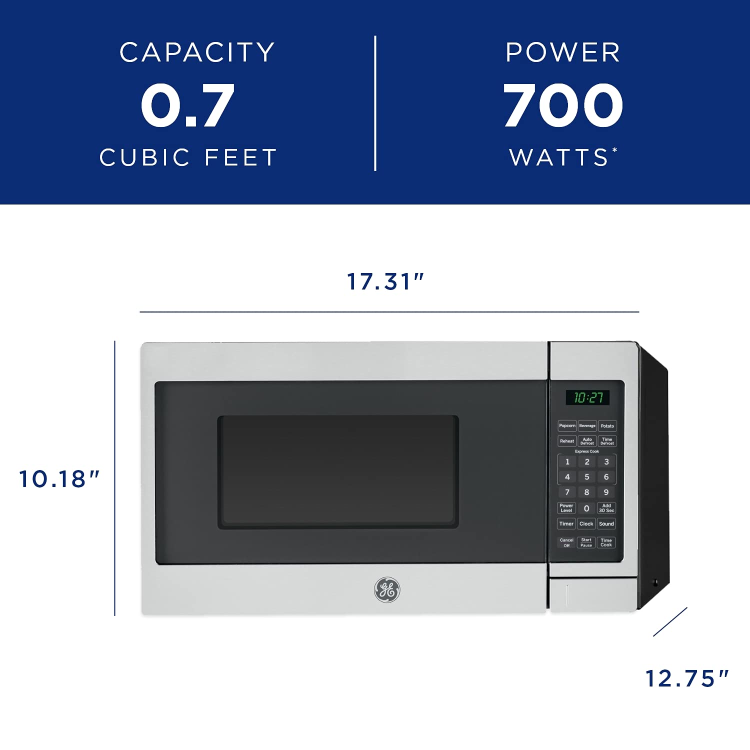 GE Countertop Microwave Oven | 0.7 Cubic Feet Capacity, 700 Watts | Kitchen Essentials for the Countertop or Dorm Room | Stainless Steel