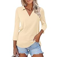 Women's 3/4 Sleeve T Shirts Summer V Neck Polo Shirts Collared Casual Solid Color Basic Tees Blouses