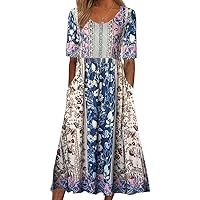 TIAFORD Women's Boho Floral Print Short Sleeve Dress Summer Casual Loose Crewneck Plus Size A-Line Maxi Dresses with Pockets