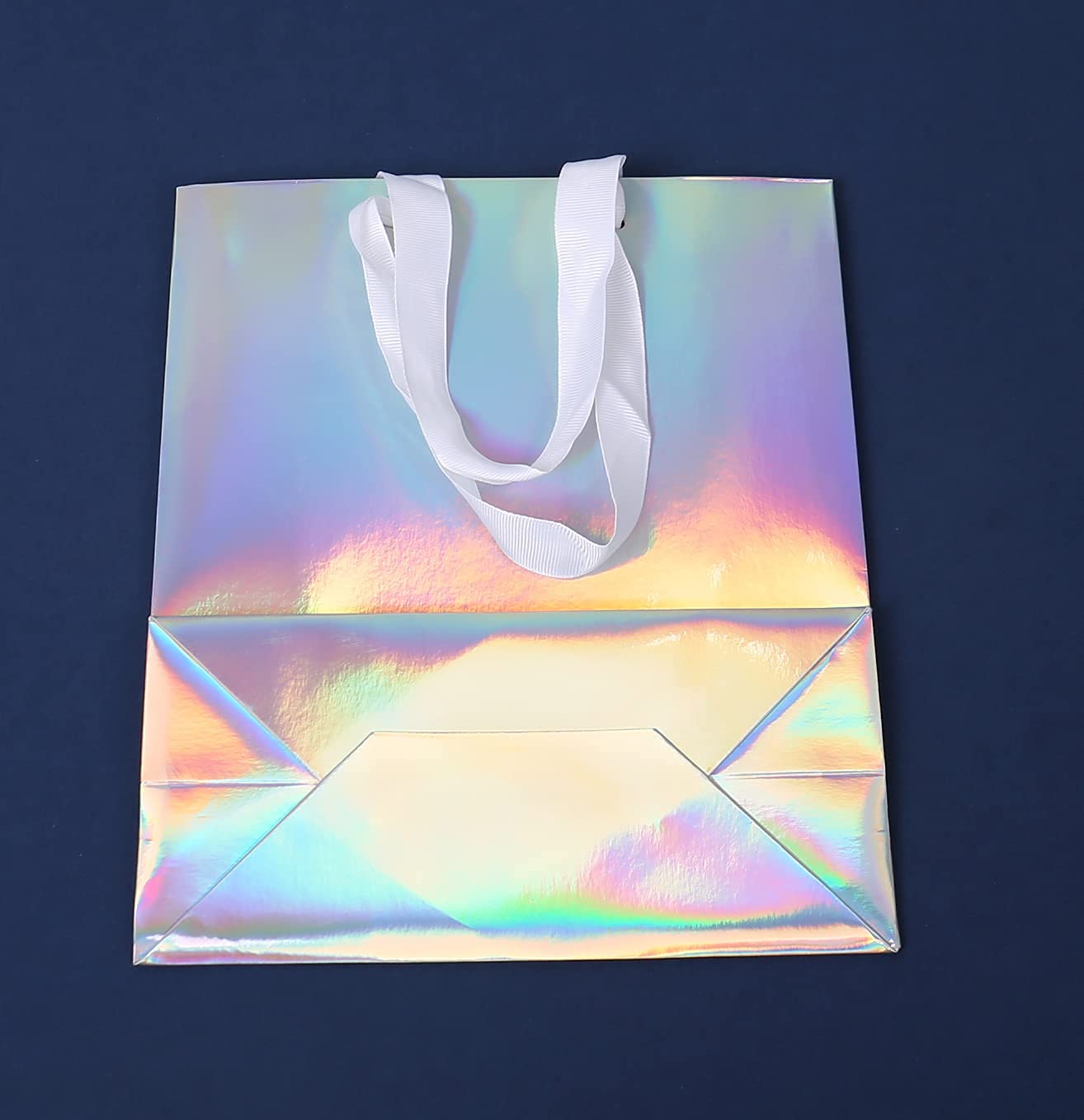 Lidelazon Iridescent Party Bags with Handles (12 Pack) Holographic Silver Foil Gift Bags, Treat Bags, Favor Bags, Party Favors, Favor Gifts for Guests, Thank You Bags, Welcome Bag