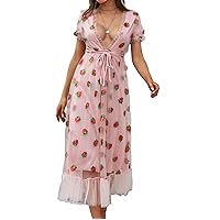 Mialoley Women Sequin Embroidered Strawberry Cocktail Dress Lace Up Mesh Yarn Plunge V Neck A-line Pleated Maxi Dresses