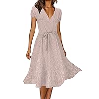 Women's Casual Midi Dress Short Sleeve Elastic Waist Polka Dot Flowy Chiffon Dress Summer Tiered Smocked Dress