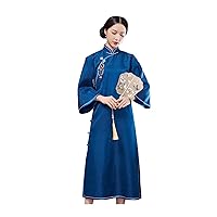 Silk Blend Jacquard Cheongsams Connect Shoulder Flared Sleeve Qipao Loose Blue Dress 095