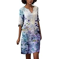 XJYIOEWT Dress with Sleeves,Women Summer Casual Retro Flower Print V Neck Mid Length Mid Sleeved Dress Womens Easter Dre