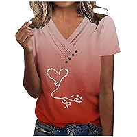 Prime Deals Of The Day Lightning Deals Ladies Tops Fashion Summer Blouses Heart Printing V Neck Shirts Cute Top Casual Comfy T-Shirt For Mother'S Day Womens Fall Shirts