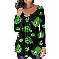 Women's Long Sleeve Tops V-Neck Button Down Collar Shirt Fashion St. Patrick's Day Printed Blouse Basic Casual Tunic