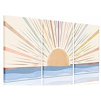 3Pcs Framed Boho Canvas Wall Art Sun Sunrise Yellow Line Pictures Prints Wall Decor Modern Mid Century Rainbow Posters Nature for Living Room Bedroom Bathroom Office Home Decoration16x24inx3