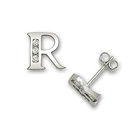 Solid 14k White Gold Channel-set (A-Z) Cubic Zirconia Initial Stud Earrings - Personalized Earrings - Alphabet Earrings - Hypoallergenic