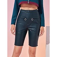 Shorts for Women Shorts Women's Shorts Ring Detail PU Leather Biker Shorts Shorts (Color : Teal Blue, Size : Medium)