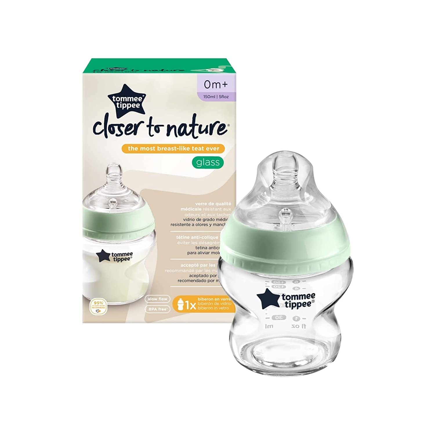 Tommee Tippee Babyflasche aus Glas Closer to Nature, Ventil Anti-Kolik, Superweicher Sauger, 0+ Monate, 150ml