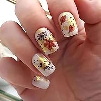 24Pcs Fall Press on Nails Short Maple Leaf and Letter with Designs, Full Cover Fake Nails Glossy Autumn Nail Tips Medium Square Shaped for Women Girls Nails Supplies Thanksgiving Decorations