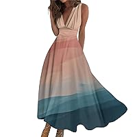 Midi Dresses for Women Pink Beach 2024 Vacation Long Maxi Swing Dress A Line Dress Floral Print Sleeveless V Neck Dress