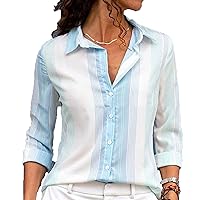 Women's Shirt Loose Lapel Print Casual Striped Print Lapel Collar Blouses Fashion Button Lightweight Collar Blouses