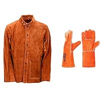 Leather Welding Work Jacket with Gloves Flame-Resistant Heavy Duty Split Cowhide Leather Welder Jackets with Gloves for Men & Women, X-Large