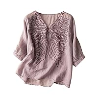 Womens Summer Boho Peasant Blouses Tops V Neck Linen Ruffle Floral Graphic Embroidered Shirt for Older Women Loose