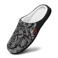 Wolf Head Women Cotton Slippers Warm Plush House Shoes Non-Slip Sole For Indoor Outdoor