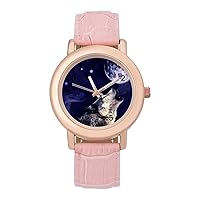 Wolf Howling at The Moon Classic Watches for Women Funny Graphic Pink Girls Watch Easy to Read