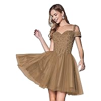 Women's Lace Appliques Short Homecoming Dresses 2023 Cold Shoulder Glitter Tulle Cocktail Party Gowns
