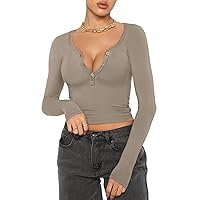 Women Sexy Button Up V Neck Henley T-Shirts Casual Basic Long Sleeve Slim Fitted Tops Ribbed Cropped Solid Shirts