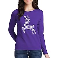 Threadrock Women's White Plaid Reindeer Long Sleeve T-Shirt