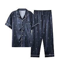 Men Silk Pajamas Sets Mens Short Sleeve Button-Down Nightwear Sets Soft Comfy Casual Loungewear Sets for Men