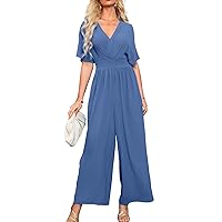 Simplee Women's V Neck Wide Leg Jumpsuits Dressy Casual One Piece High Waist Short Sleeve Formal Jumpsuit Long Romper