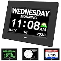 Alarm Clock with Day and Date for Elderly 7inch Digital Calendar Clock Photo Frame- Auto Dimmable Display 15 Alarm Options, Clock with Non-Abbreviated Day & Month